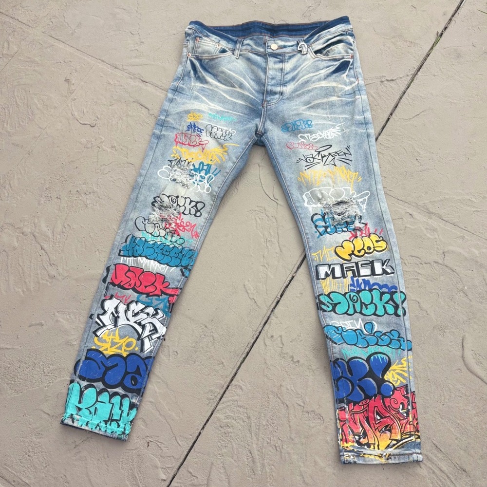 Sosoo Watson Graffiti Streetwear Jeans Light Wash Distressed Y2K Men 31x41